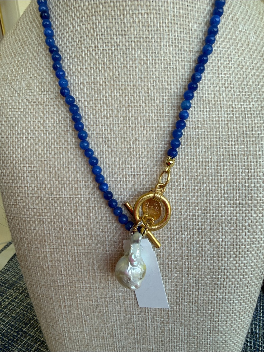 Blue Beaded Necklace with Gold Toggle and Pearl Pendant - Picture 2 of 7